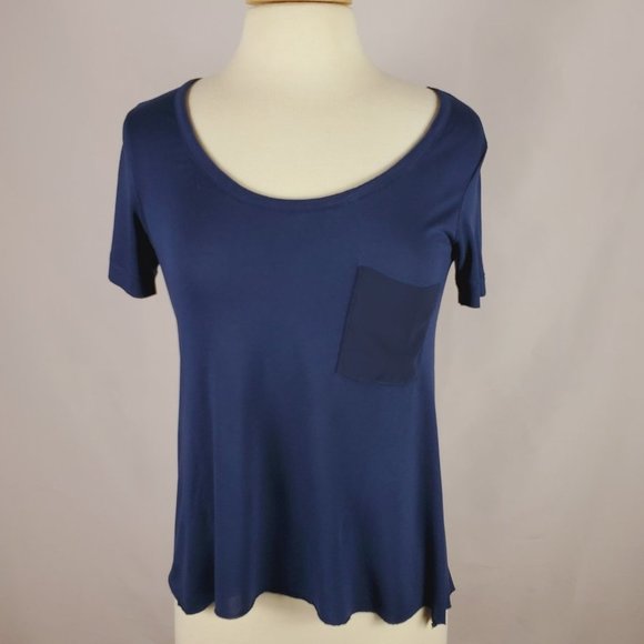 Rag & Bone Navy Blue Crew Neck Pocket Tee With A High Low Raw Hem - Sz XS - Picture 4 of 7